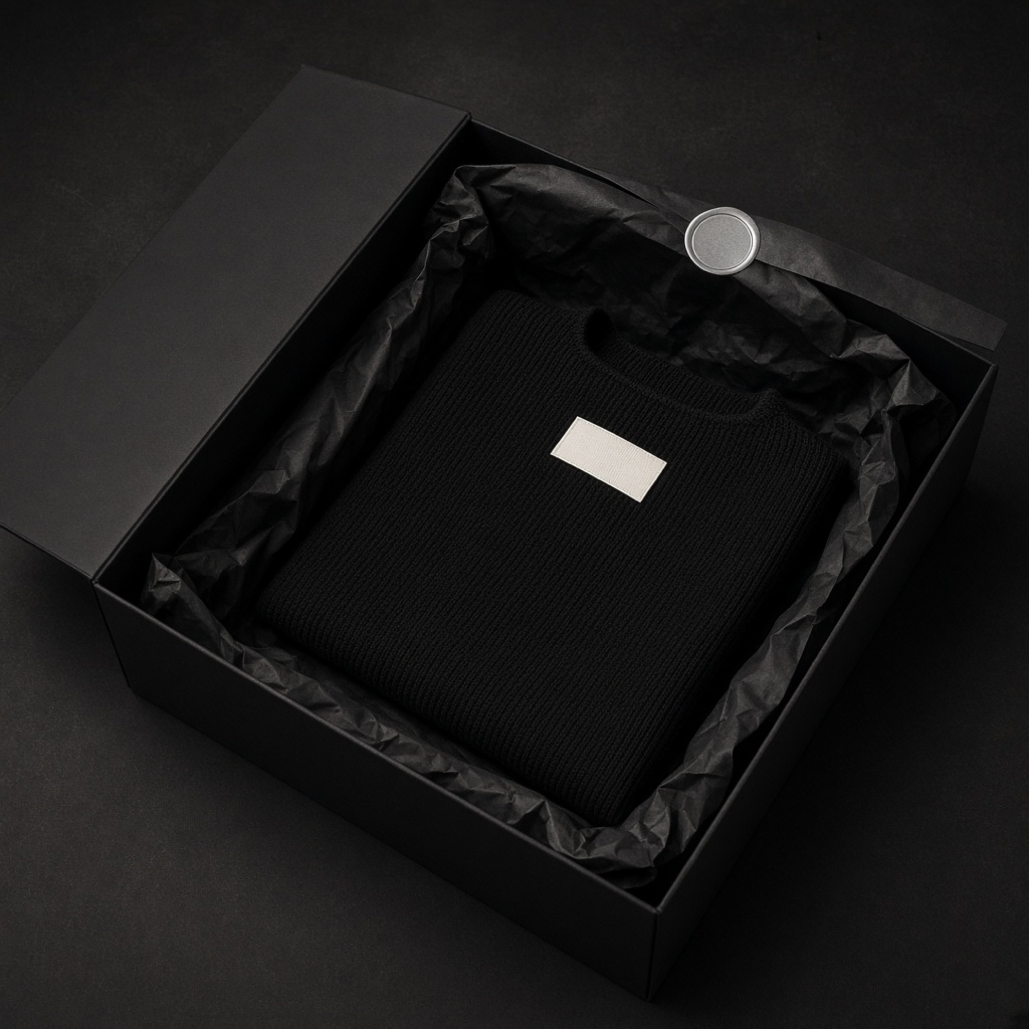 Black garment box with tissue and silver seal