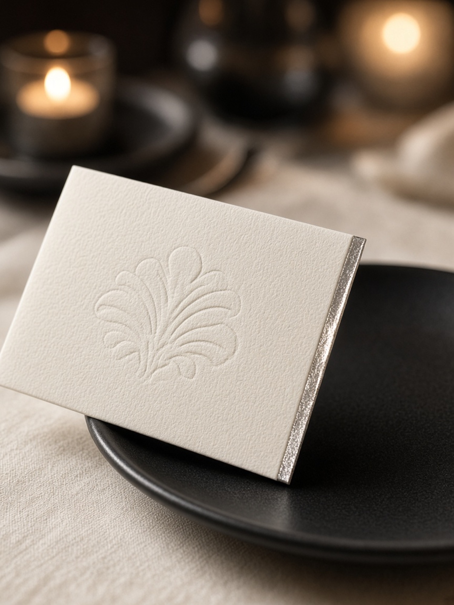 Debossed ivory place card with silver foil edge