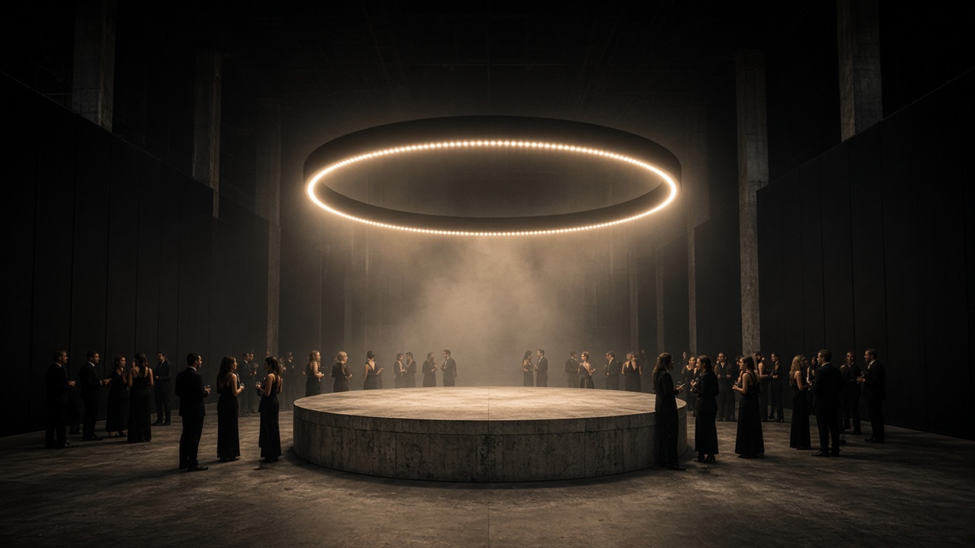 Guests around a concrete platform under a suspended ring of light